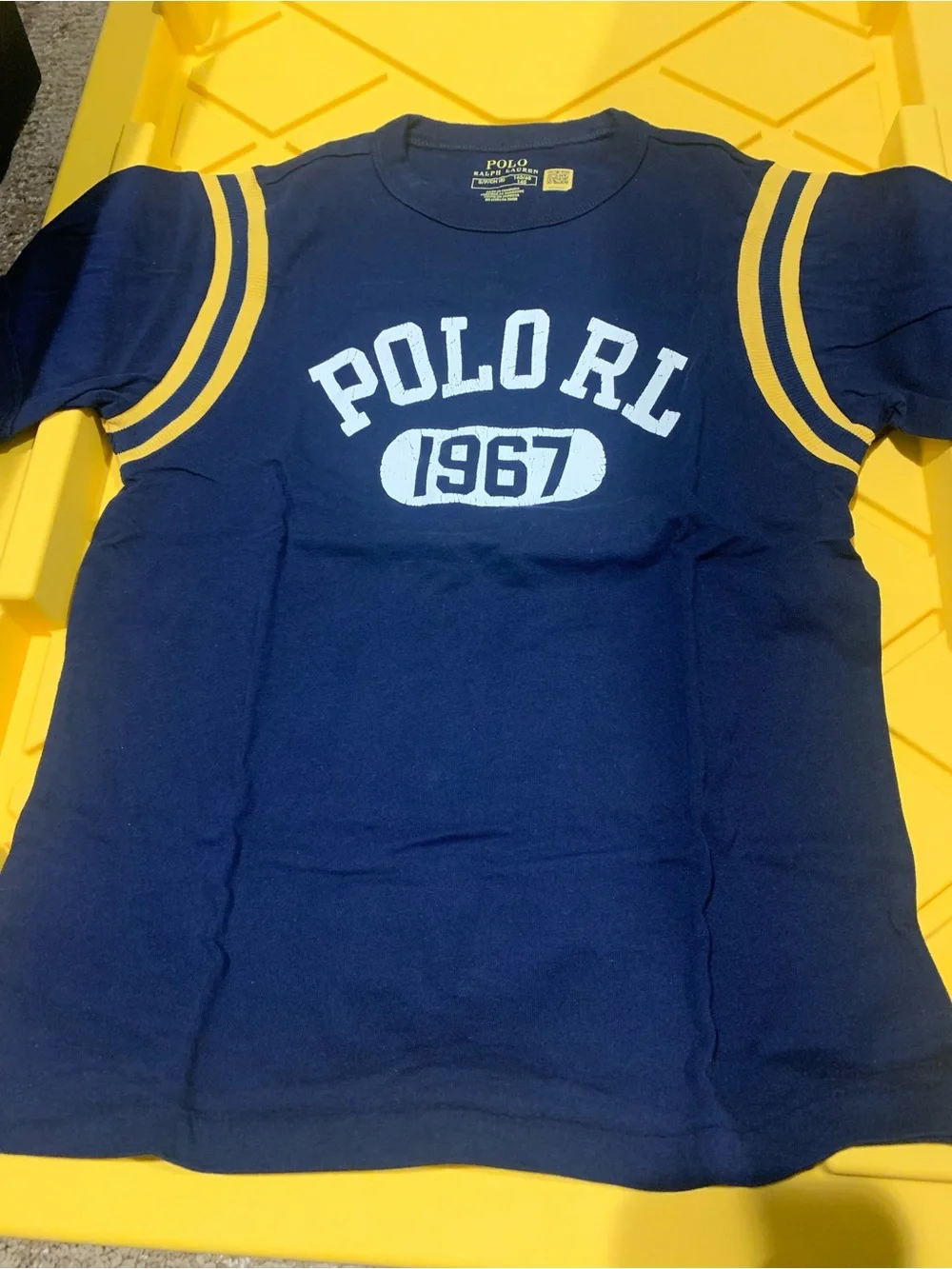 Ralph Lauren Navy Tee with Yellow Sleeve Stripes